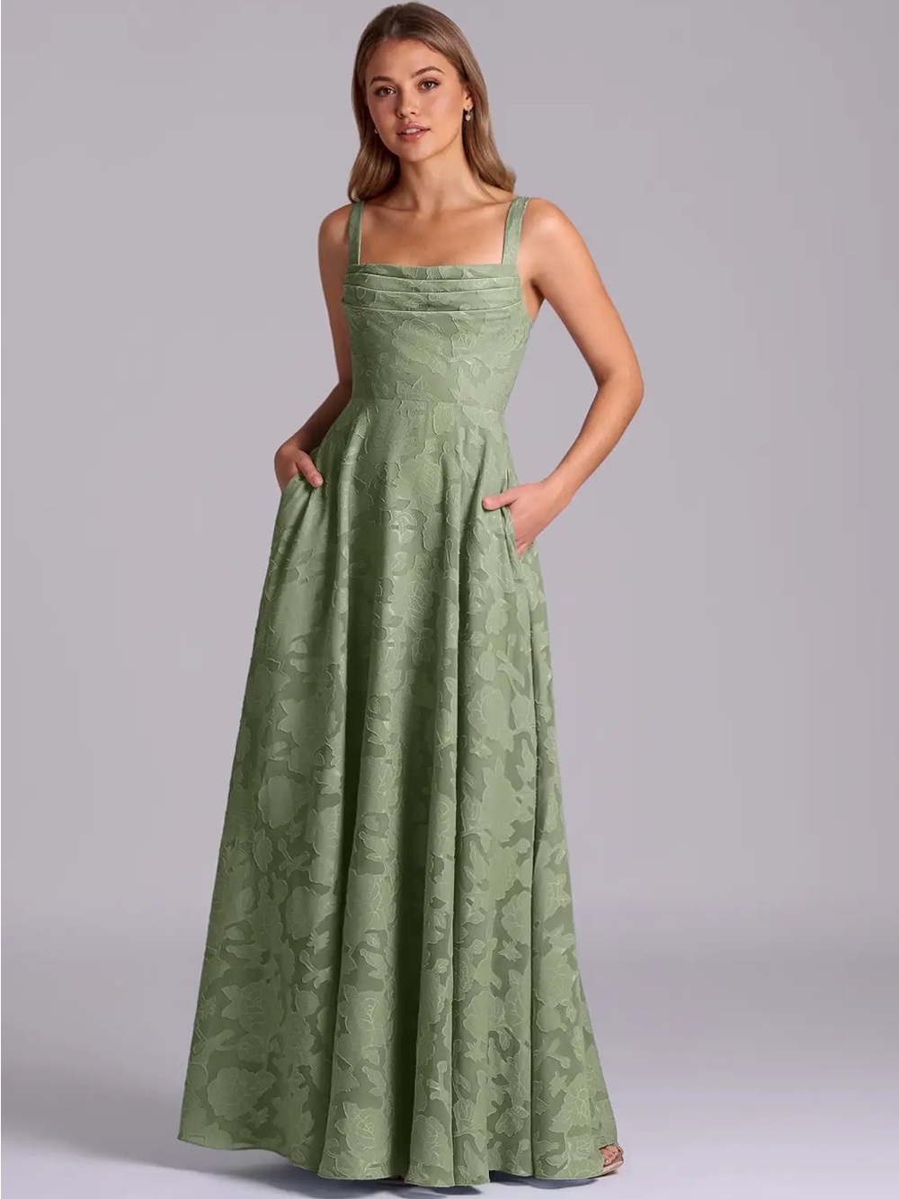 Azazie Shaude Pistachio A-Line Pleated Floral Burnout Dress, size 10